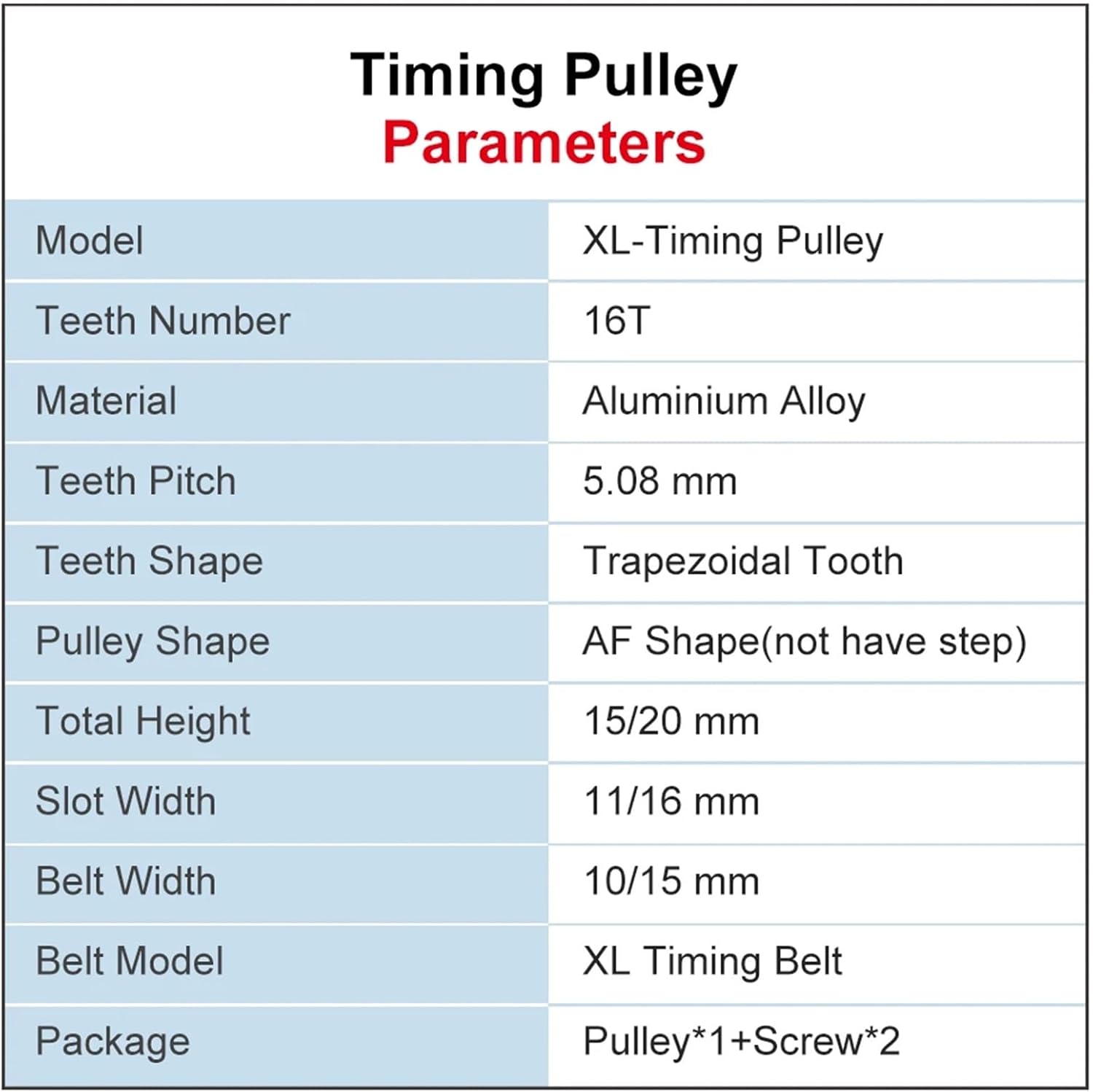 Pulley Wheel XL-16T Inner Bore 5/6/6.35/7/810/12/14/15/16mm Teeth Pitch 5.08mm Alloy Pulley 1Pcs(12x4x1.8 mm,Belt Width 15 mm)