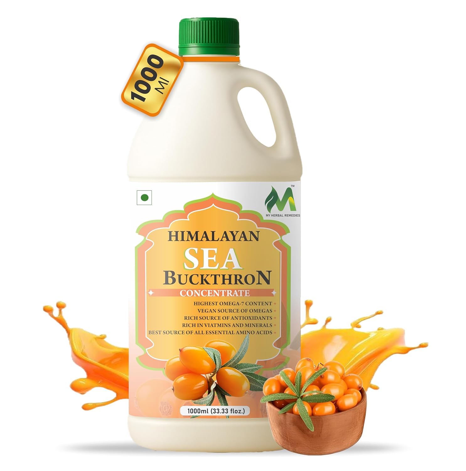 My Herbal Remedies Sea Buckthorn Pulp – 1000ml | 40% Pure Cold-Pressed Pulp | Omega 3-6-9 & Rare Omega 7 | Vitamin C Rich | Immunity & Skin Booster | Formulated with Wellness Experts