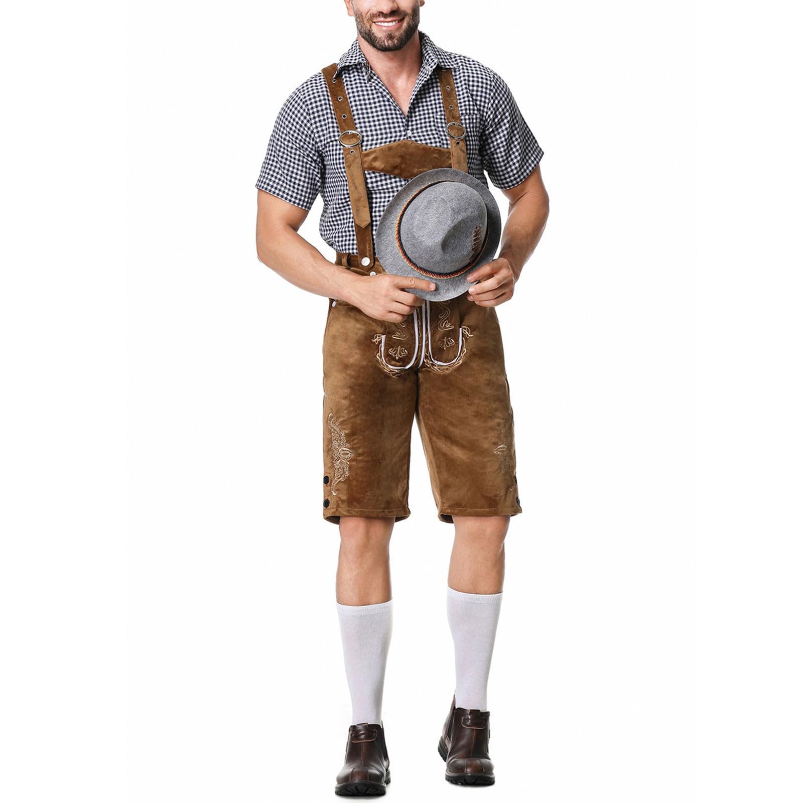 Déguisement Oktoberfest Homme Costume Bavarois Ensemble De Deux Pièces Lederhosen Pantalon Avec Bretelles Et Chemise à Carreaux Pour Hommes Tenue Bavaroise Halloween Carnaval