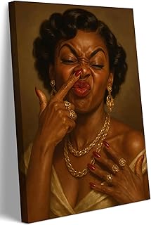 Framed Black Woman Canvas Wall Art Funny African American Woman Bathroom Picture Painting Humor Toilet Cover Your Nose Poster Print Vintage Bathroom Black Girl Wall Decor 12x16in