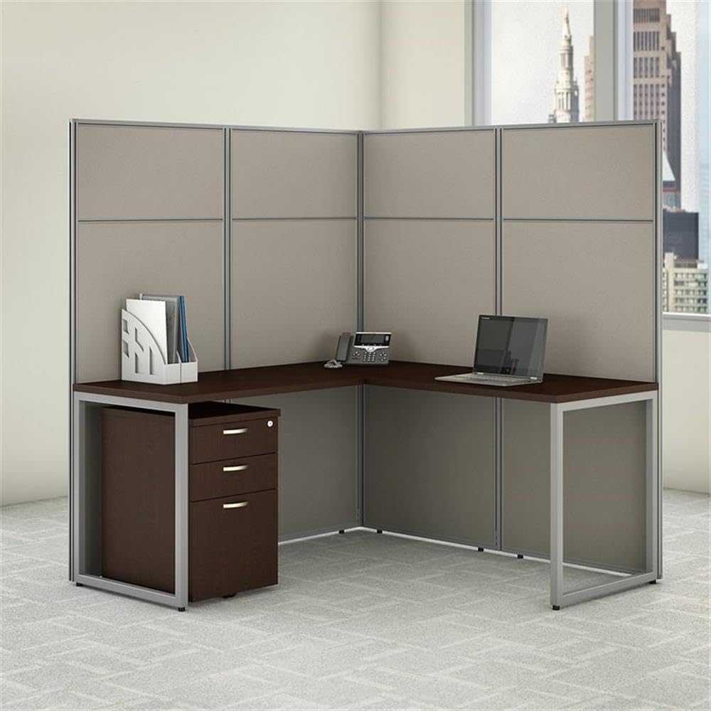 Bush Business Furniture Easy Office 60W L Shaped Cubicle Desk with File Cabinet and 66H Panels in Mocha Cherry