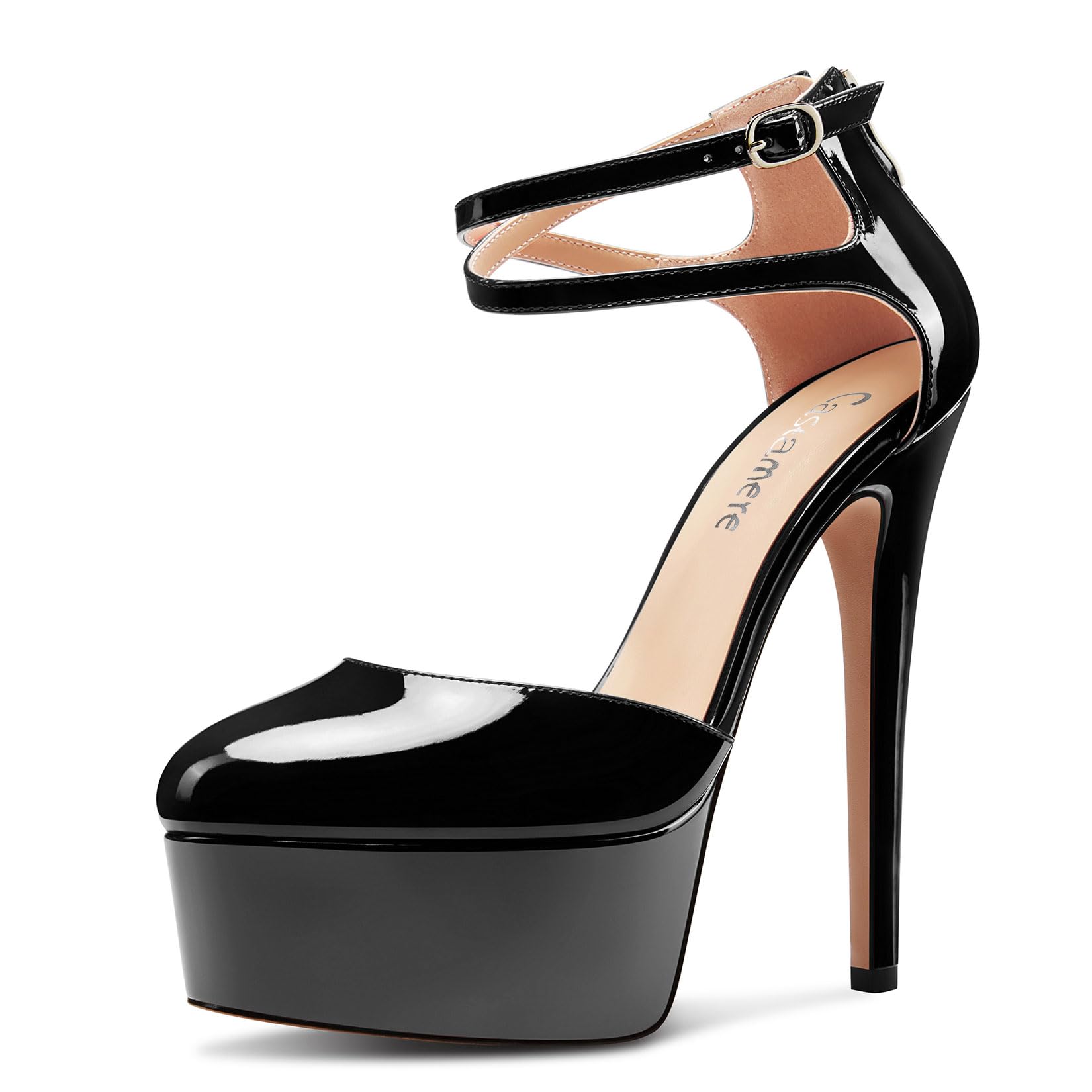 Castamere Womens Stiletto High Platform Heel Round Toe Ankle Strap Pumps Wedding Prom Dress Patent Leather 5.9 Inches Heels