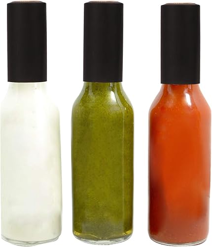 Vista 7 de Encheng Paquete de 35 botellas de salsa picante de 5 onzas con tapas, botellas de vidrio Woozy con insertos de gotero y cápsulas retráctiles, Negro