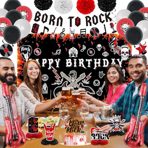 Image of Crenics Rock and Roll Birthday Party Decorations, Happy Birthday Backdrop | Born to Rock Banner, Swirls, Honeycomb, Paper Pom Poms and Balloons for Star Music Rock and Roll Decorations