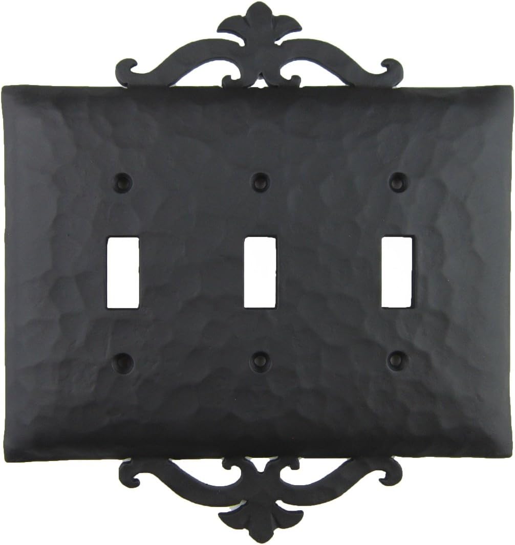 Rustic Spanish Scroll Wrought Iron Triple Toggle Switch Plate Cover EPH231 (Black)