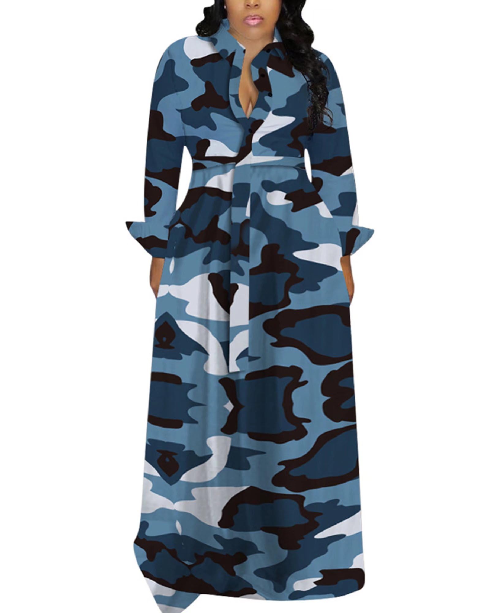 ThusFar Women Casual Long Sleeve Butterfly Floral Print Button Down Loose Cocktail Swing Maxi Shirt Dress with Belt