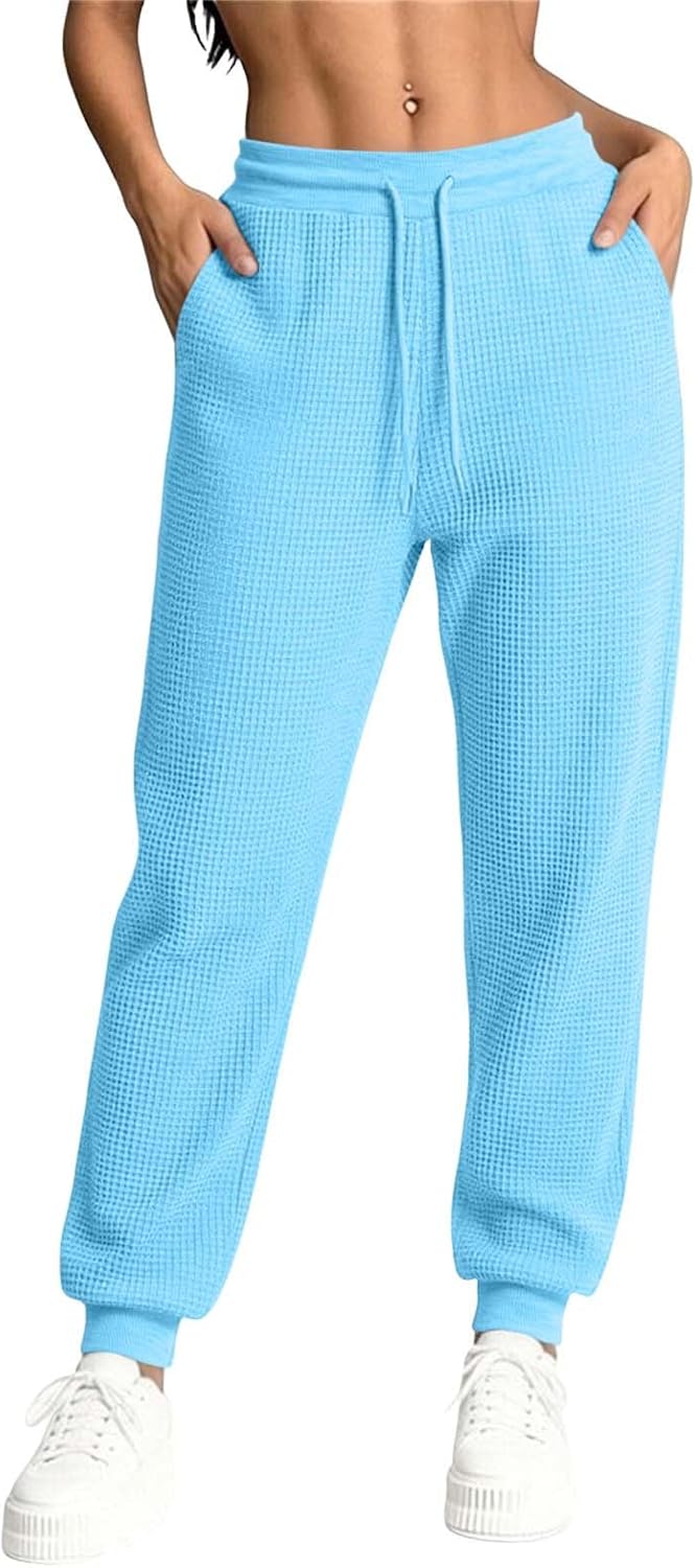 Women's Waffle Knit Jogger Pants Drawstring Pockets Lounge