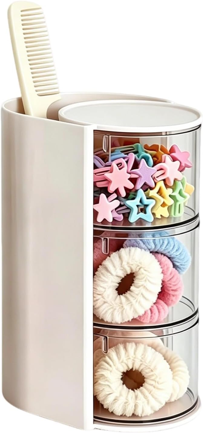 3 Tier Rotating Hair Accessories Organizer with 3 Clear Drawers & Hair Brush Holder,Storage for Hair Ties, Hair Clips, Earrings, Necklaces, Bracelets, Makeup Brushes（White）