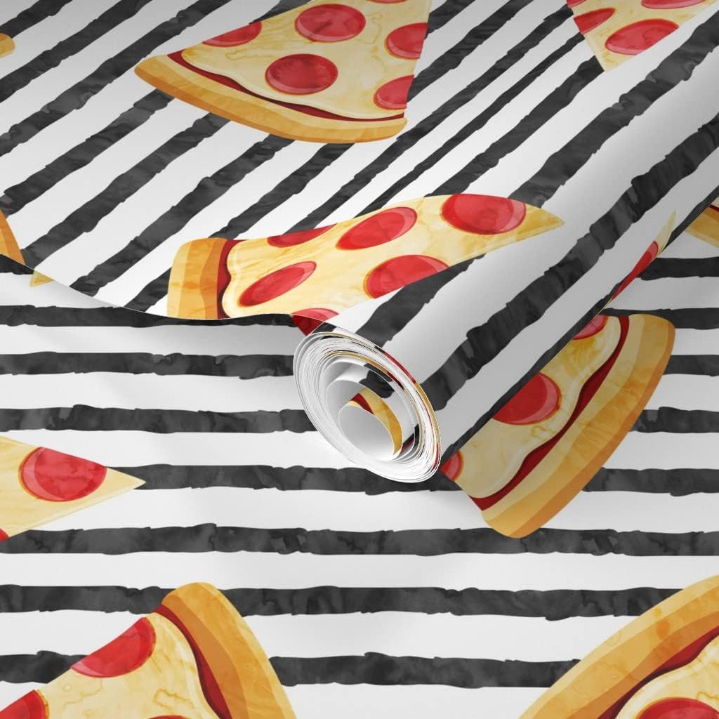 Removable Wallpaper 12ft x 2ft - Pizza Black Stripes Food Trendy Hipster Junk Pepperoni Custom Pre-Pasted Wallpaper by Spoonflower