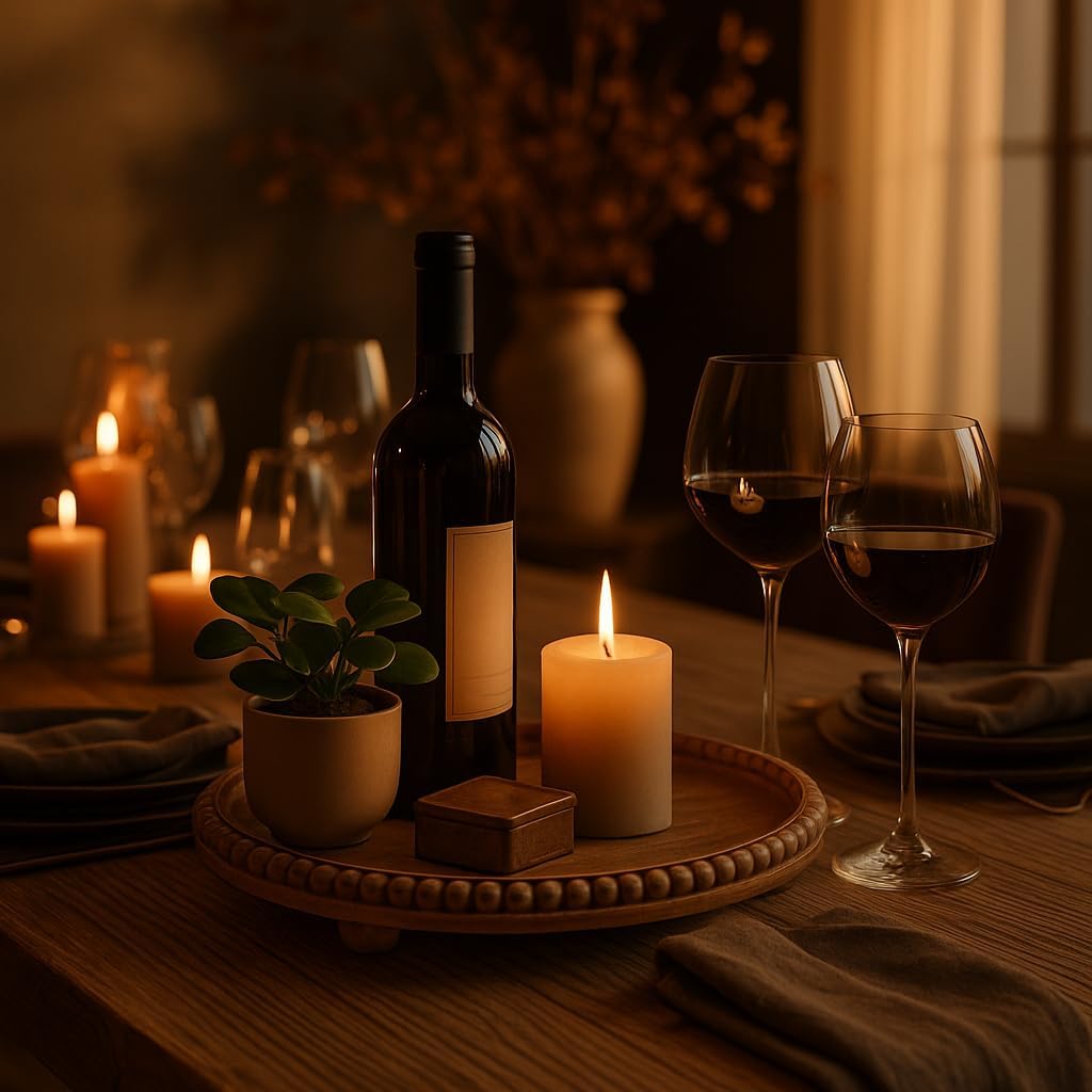 Round Wood Tray for Centerpiece Table Decorations, Rustic Beaded Wooden Trays Decor for Dining, Kitchen Counter, Living Room and Coffee Table Tray Decor