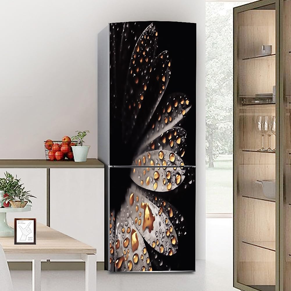 VHcgCGJ Fridge magnet, Full Covering Door Fridge Covers Skins Wall Stickers for Kitchen Decal, Flower Droplets in Darkness(S: 60x150 cm)