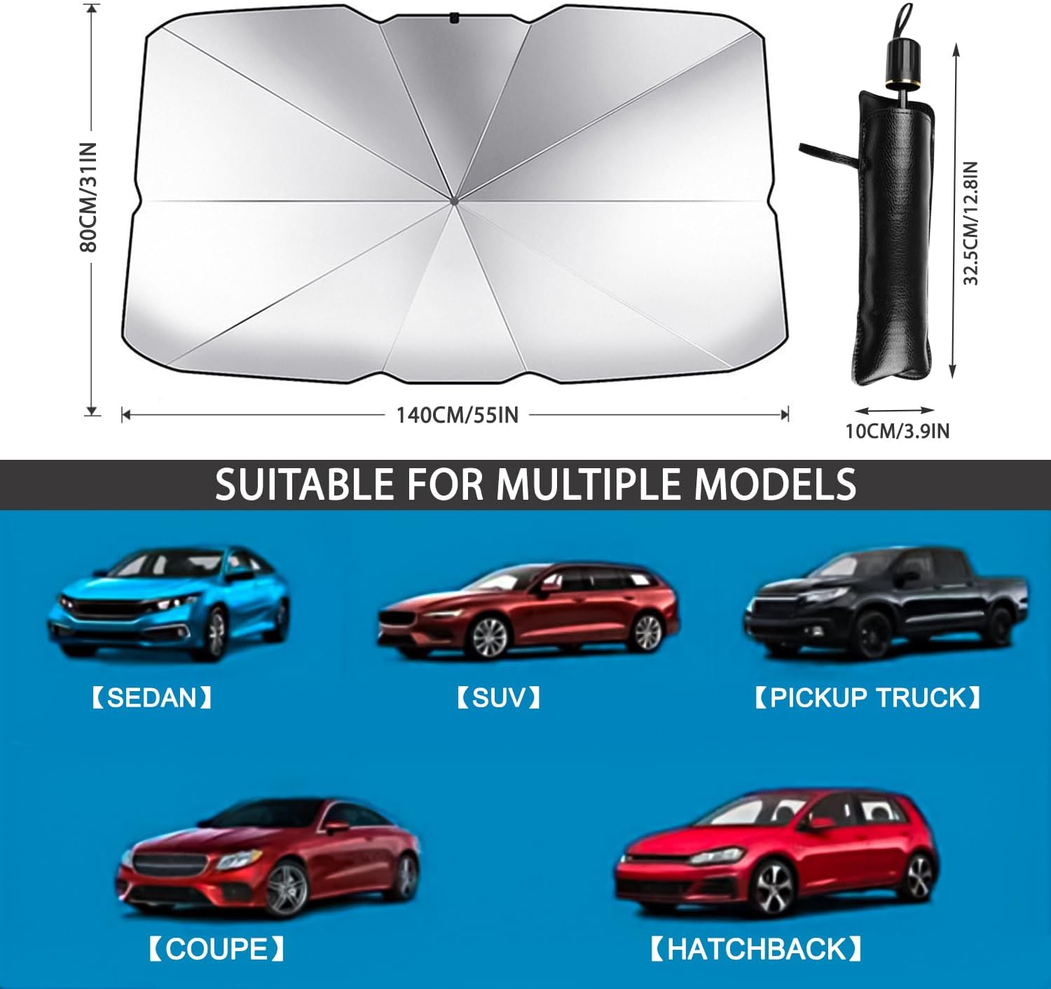 D-Lumina Parasole Auto Ombrello Parasole Auto Parabrezza Interno Parasole Per Auto,Blocca il 99.9% dei Raggi UV, per Auto, Camion, Autocarri (L-140×80cm) - Immagine 3