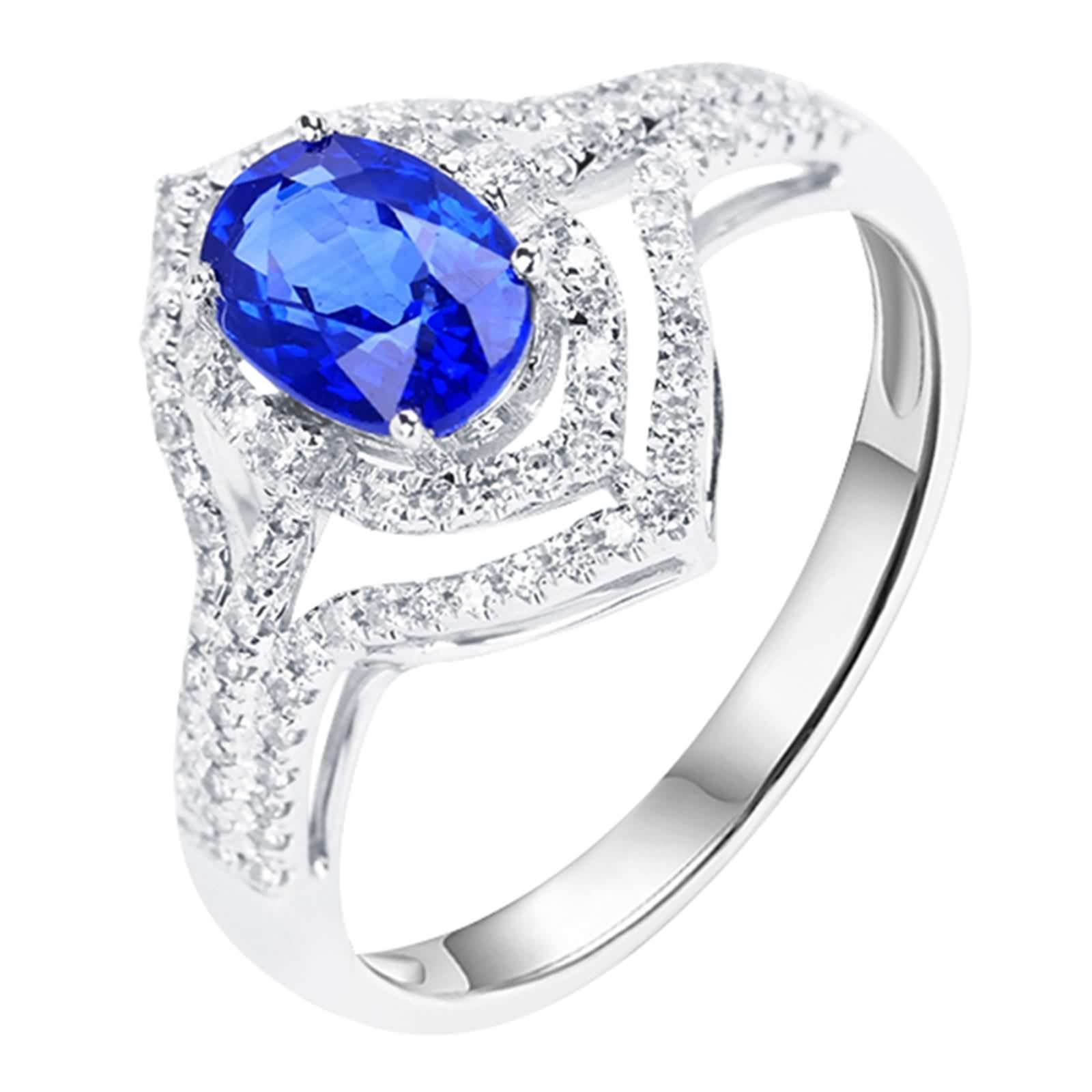 Anello Donna Oro Bianco 18K Vero, Fede Nuziale Blu Zaffiro Creato In Laboratorio Svuotare Oro Bianco con Moissanite Gioielli Di Moda