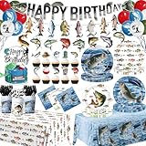 Fishing Birthday Party Decorations Includes Plates, Napkins, Cups, Cutlery, Tablecloth, Cake Toppers, Banner, Hanging Swirls for Fishing Ofishally One Party Decorations,Serve 24
