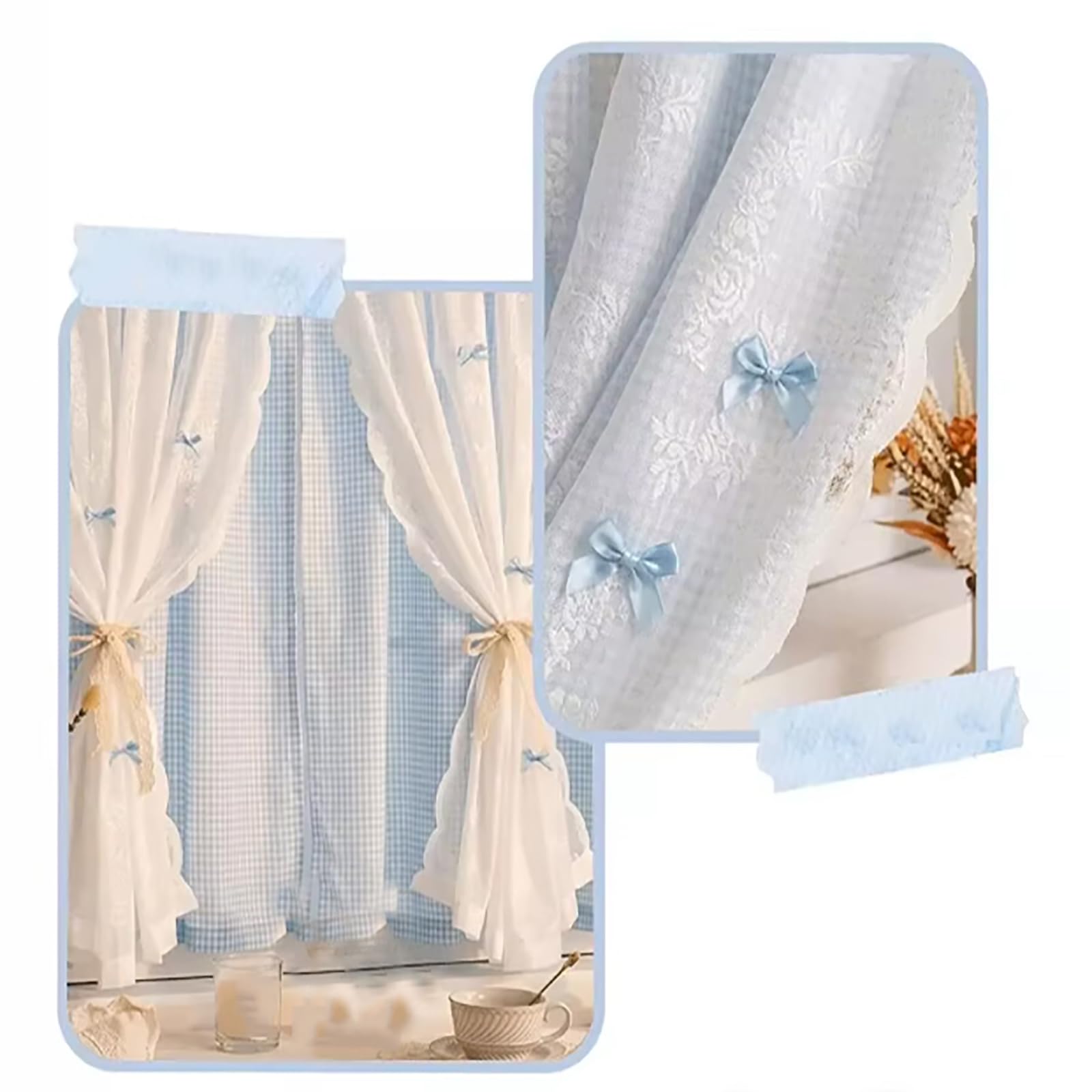 Generico Tenda Quadretti Morbida, Tende in Tulle a Doppio Strato con Lacci,Set da 2,A,W*H:200x150cm/79x59″