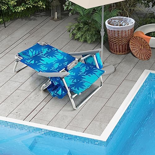 Image of Giantex Folding Beach Chair, Patio Sling Chairs with 5 Adjustable Position, Head Pillow, Storage Bag, Towel Bar, Cup Holders, Backpack Chairs for Sunbathing, Camping Chair
