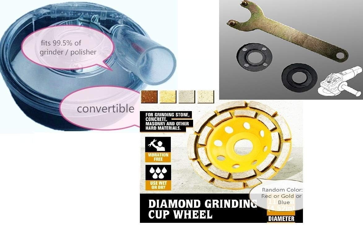 Dust Shroud for 4" to 5" Grinder Polisher 20 Diamond Double Row Grinding Cup Wheel with 5/8"-11 Thread Grinder Flange Wrench Lock Nut for stone concrete masonry terrazzo travetine resurface repair