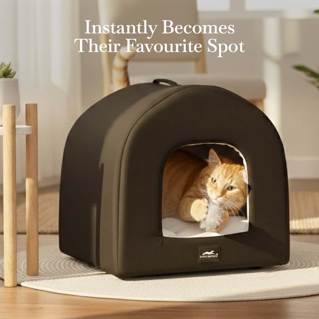 PETS EMPIRE Warm Hut for Cats & Kittens Bed | with Removable Cushions |Bed for Puppies (Size: 46 x 46 x 54 cm) Soft & Comfortable Hut for Cats & Kitties | Kennel House for Pets Black 4