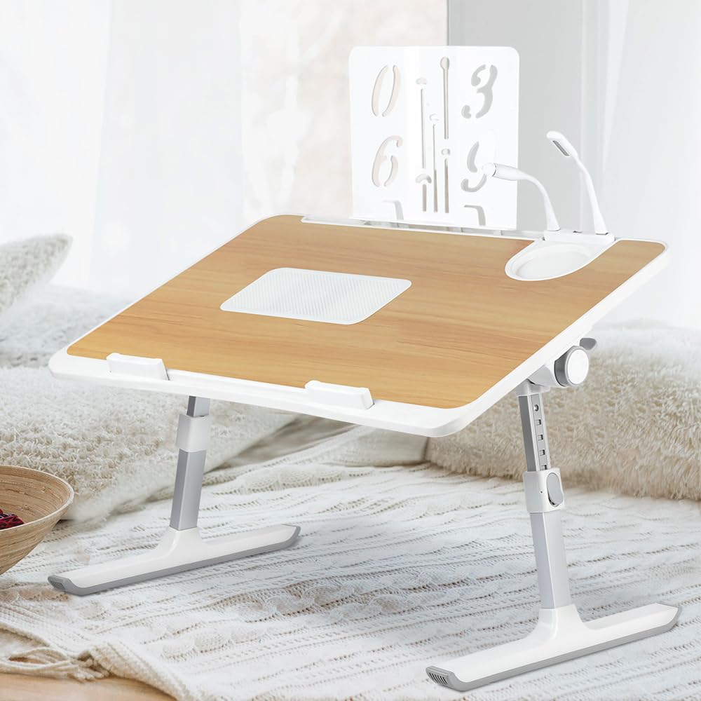 Tavolo da letto per computer portatile, supporto per computer regolabile in altezza e angolo, piano letto con cassetti e porte USB, ventilazione, pieghevole, reclinabile (60 x 40 x 40 cm, porta libro)