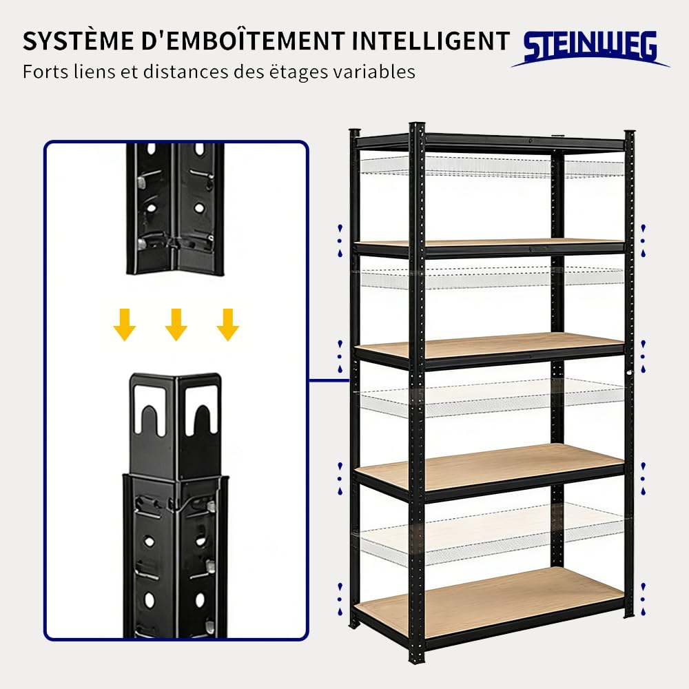 Steinweg Lot de 2 étagères pour charges lourdes - 180 x 90 x 40 cm - Charge maximale : 875 kg - 0,63 mm - 5 panneaux MDF réglables - Étagère de rangement - Pour cave, atelier, noir laqué