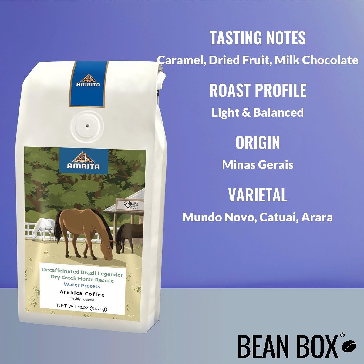 Decaf Brazil Legender Dry Creek Horse Rescue Light Roast - Roasted by Amrita Certified Pure - Freshly Ground Coffee - 12 Ounce Bag