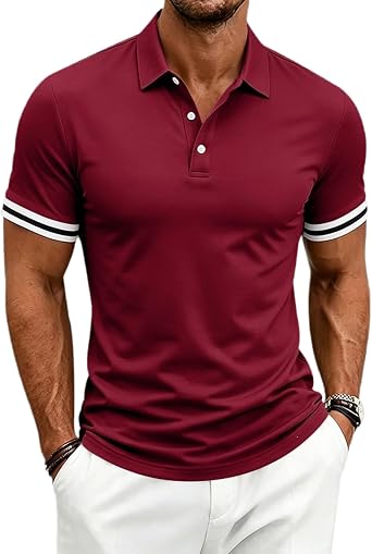 MARSVOVO T-Shirts for Men Fashion Striped Cuff Polo Shirt Classic Collar Button Short Sleeve Slim Fit Golf Top