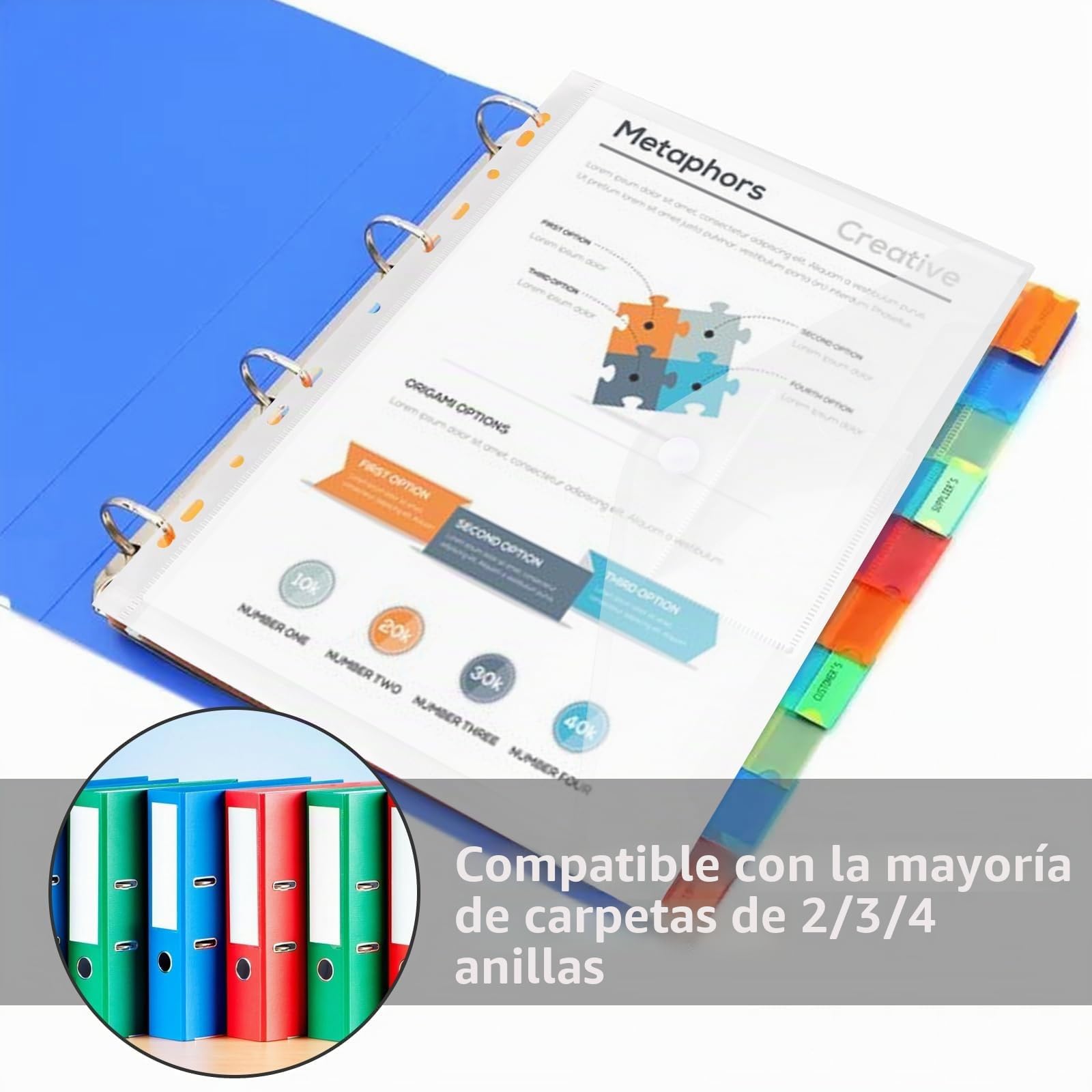 YOUNTHYE 50 Fundas de Plástico A4 Perforadas, Bolsas Transparentes para Documentos con Cierre de Velcro y Etiqueta, 11 Agujeros para Archivador, Oficina, Escuela y Viajes