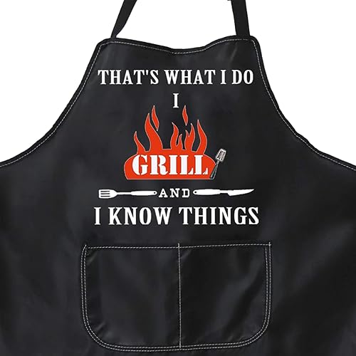 Miniatura 2 de PXTIDY Divertido delantal para asar con texto en inglés "That's What I Do I Grill And I Know Things", delantal de cocina novedoso, delantal para