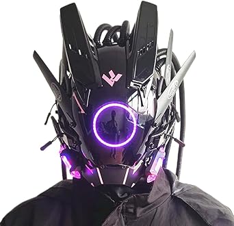 LED punk Mask for Men, Round Light with Braids Futuristic Techwear Helmet, Halloween Cosplay Fit Party Accessories