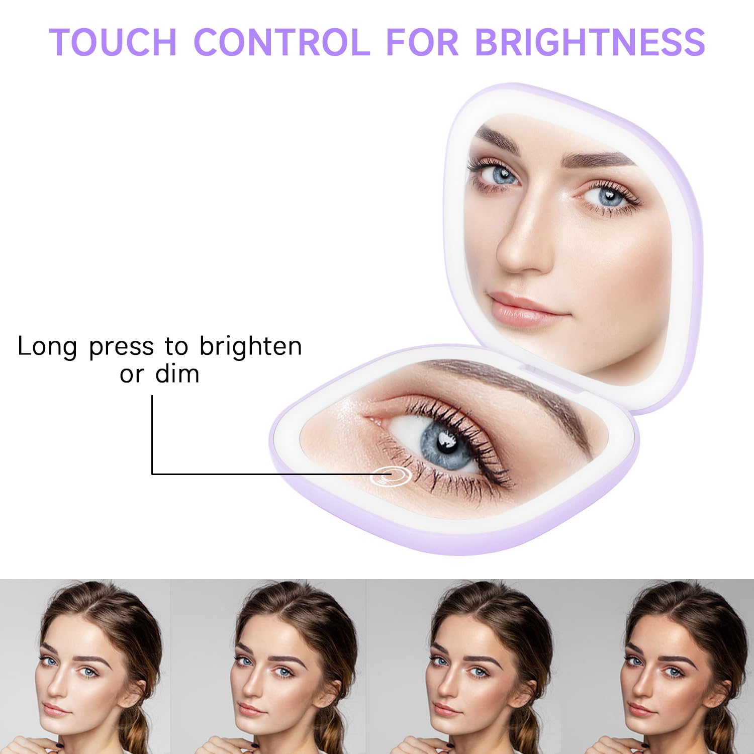 Espejo de Maquillaje Compacto con Luz LED 5X Recargable USB-C 3 Modos de Color Brillo Regulable Táctil
