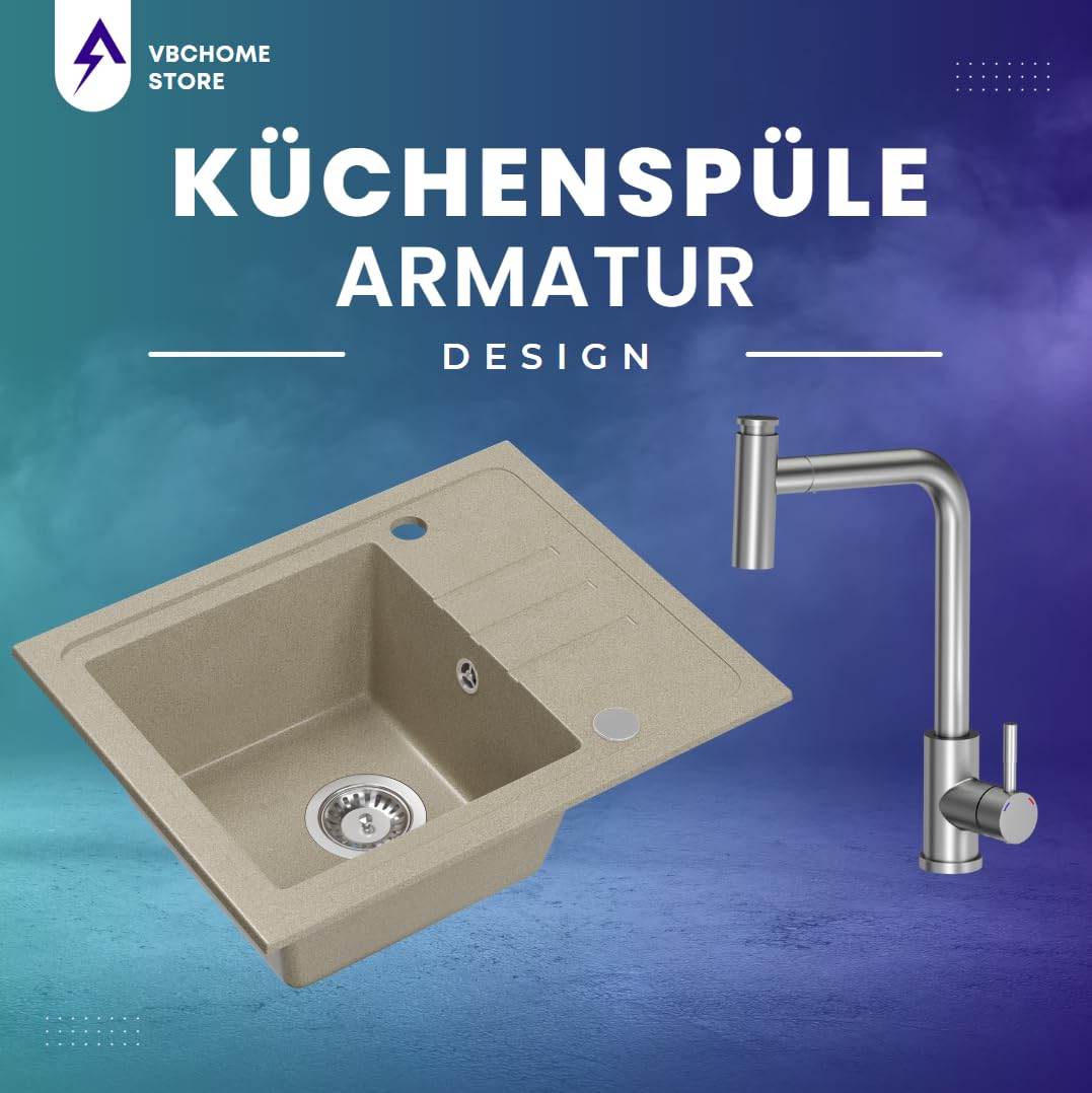 VBChome Fregadero de granito beige con grifería, 55 x 44 cm, para empotrar individual, moteado, reversible, de granito, con grifo de acero inoxidable, color beige