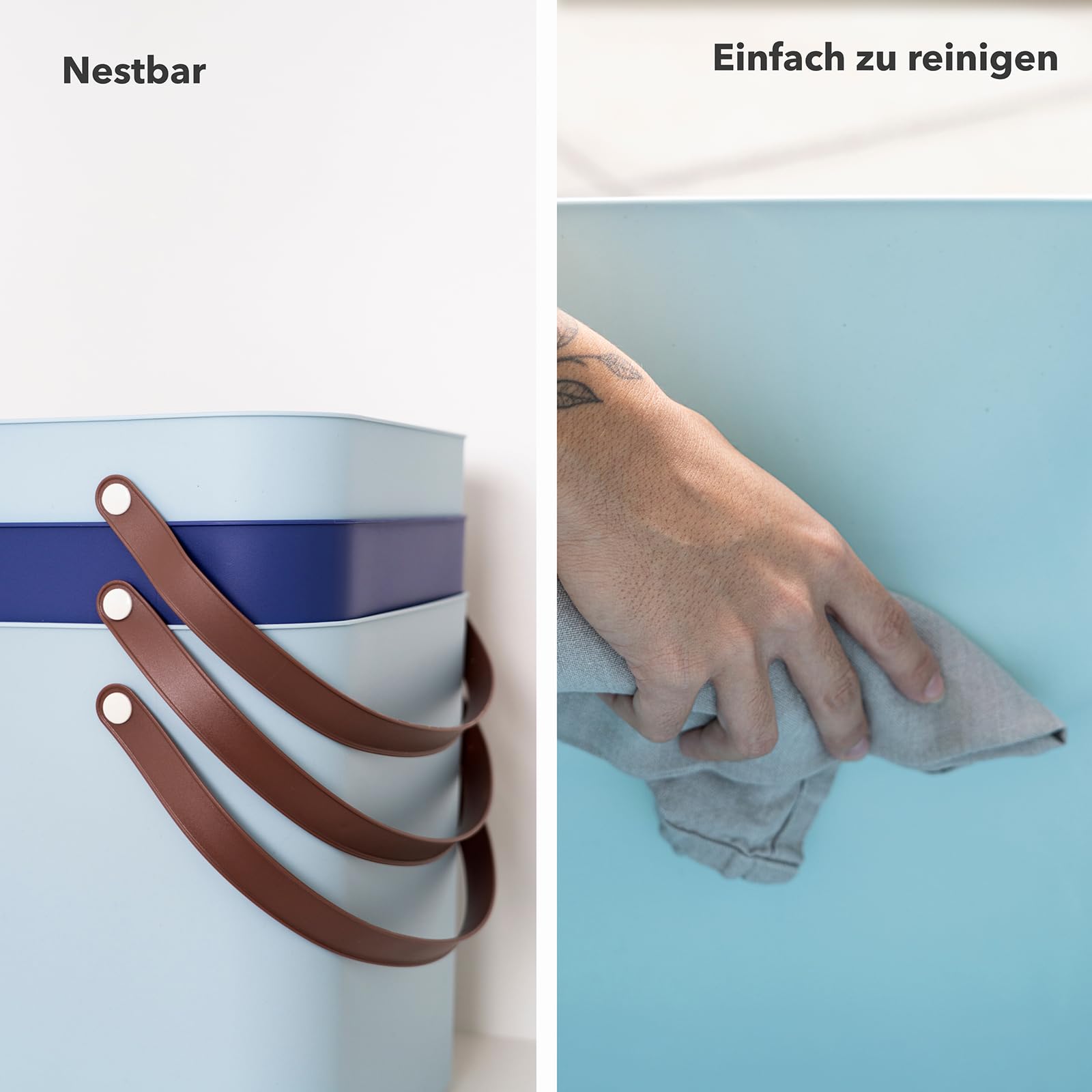 Rotho Albula Cesta de Compra Grande, 40 L / 40 kg, Plástico Reciclado, Azul Marino con Asas Estilo Cuero - Maletero, Jardín, Picnic, Almacenamiento