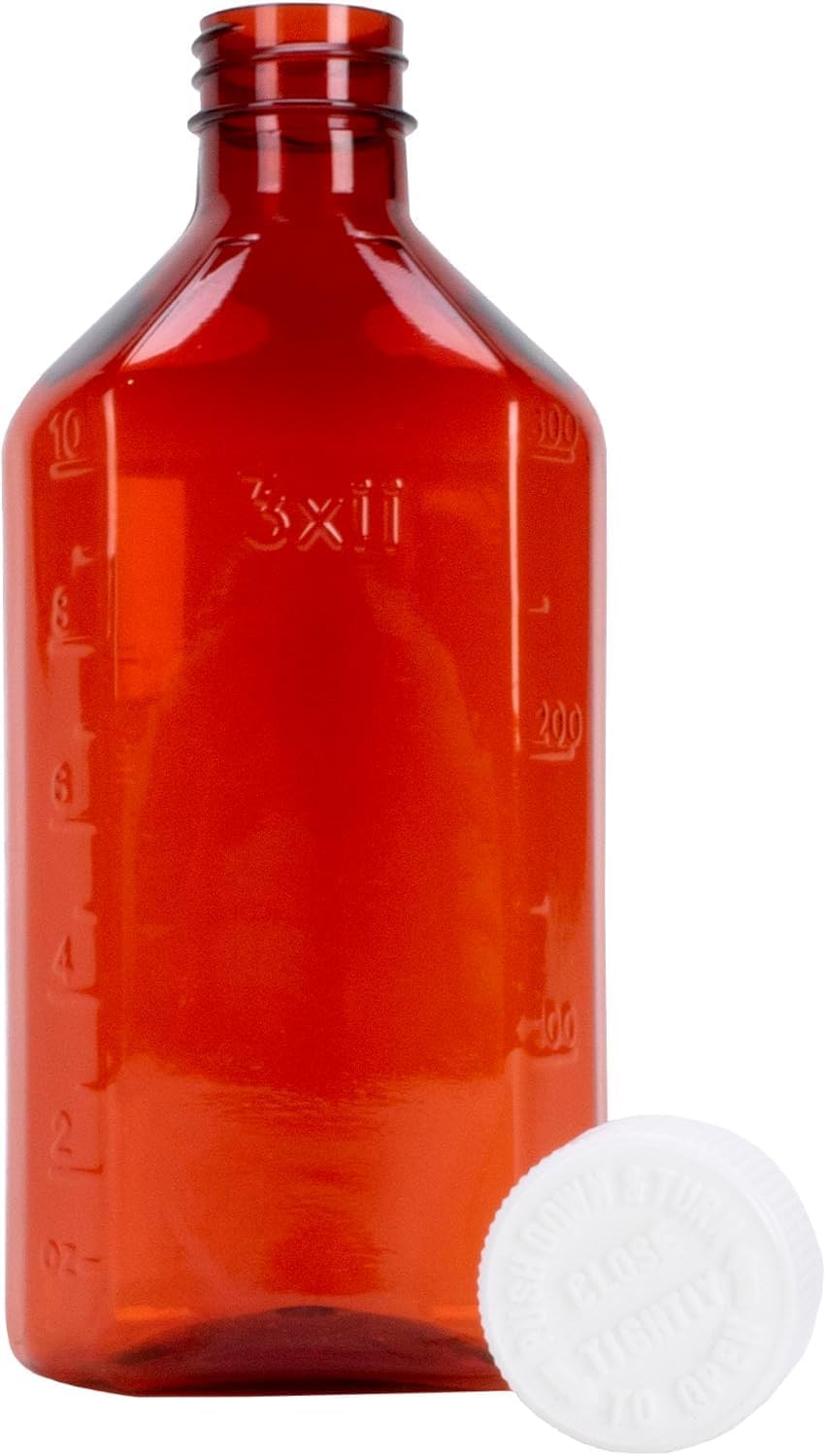 Plastic Amber Oval Liquid Medicine Bottles, 12oz, 100 Count, Child Resistant Cap/Safety Lid, Pharmacy Prescription Dispensing Bottle