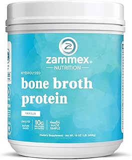Zammex Bone Broth Protein Powder, Pure Grass Fed Beef, Vanilla Protein Powder,Hydrolyzed Collagen Supplement for Healthy Skin,Nails,Hair,Joints, Non-GMO,Gluten Free, Great in Shakes
