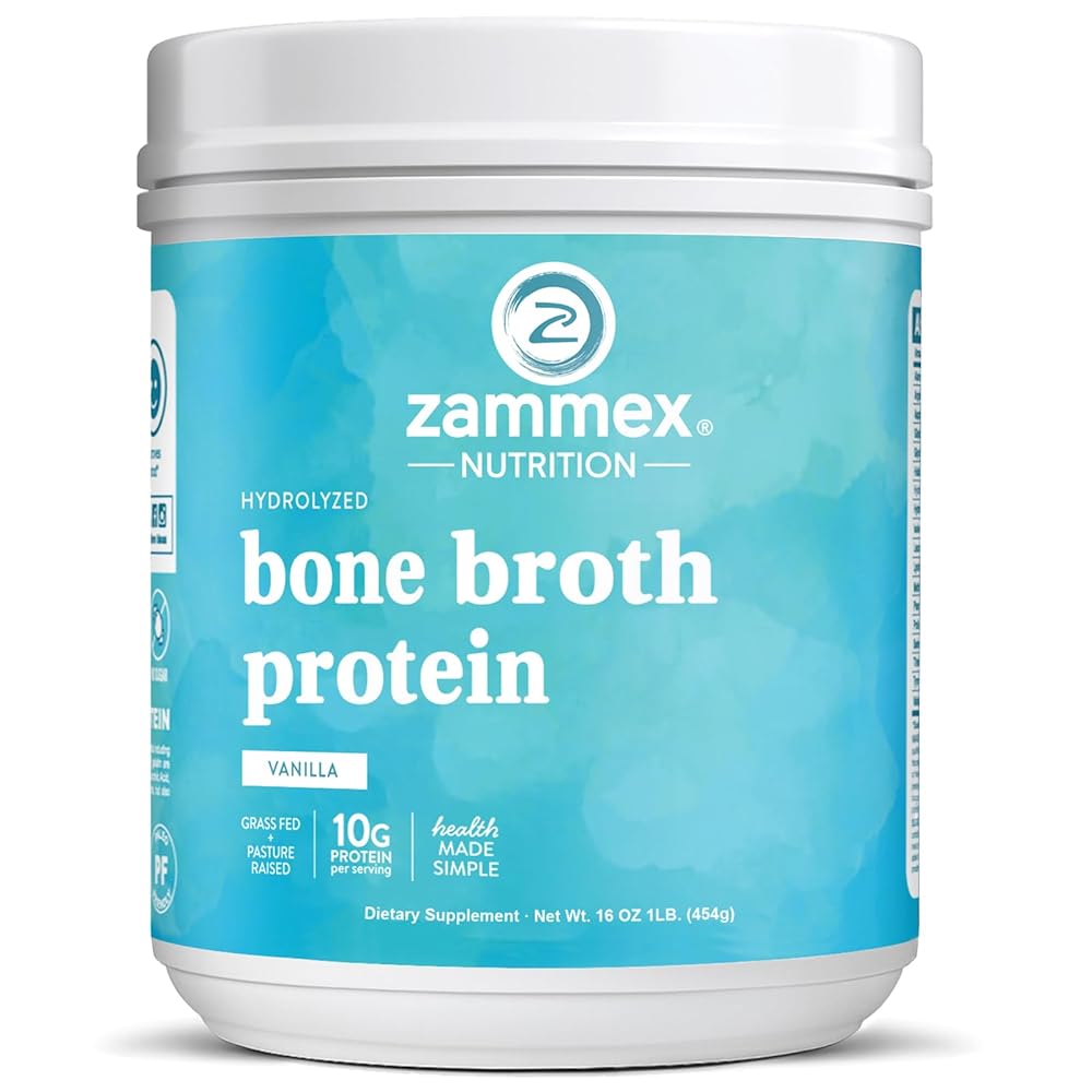 Zammex Bone Broth Protein Powder, Pure Grass Fed Beef, Vanilla Protein Powder,Hydrolyzed Collagen Supplement for Healthy Skin,Nails,Hair,Joints, Non-GMO,Gluten Free, Great in Shakes