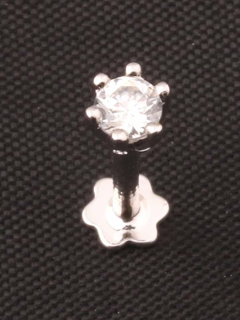 14K White Gold Nose Stud with 3mm Cubic Zirconia Solitaire and Internally Threaded 6mm Screw Post, Lip Labret Monroe Ring Targus Pin
