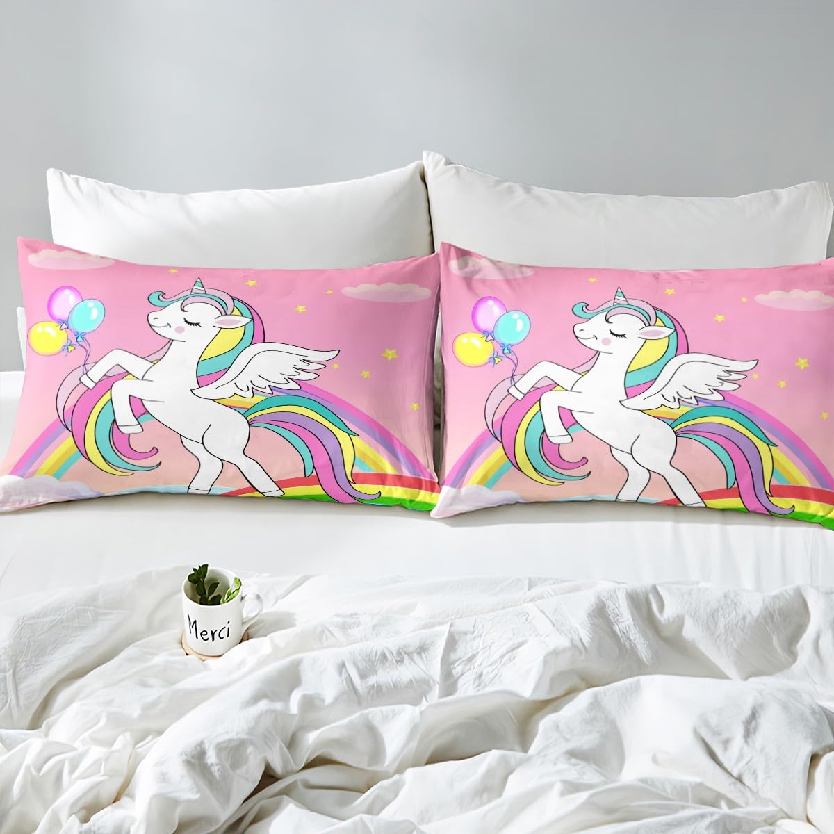 Juego de sábanas de unicornio para niñas, lindo juego de sábanas de unicornio con estrellas de arco iris con bolsillo profundo para niños, juego de ropa de cama de microfibra de caballo de ensueño de