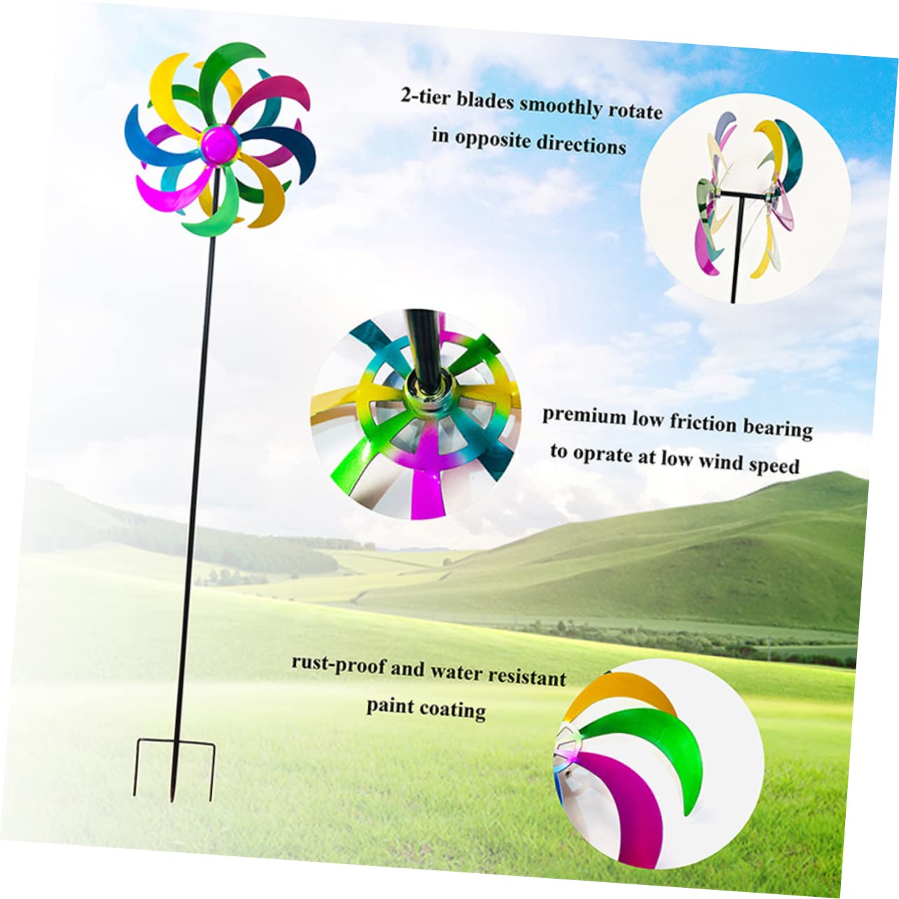 Abaodam Bunte Windmühle aus Eisen als Gartenstecker 1 Stück | Regenbogenfarben, Dekorative Ausführung, für Festliche Atmosphäre und Garten Deko, Schönes Design