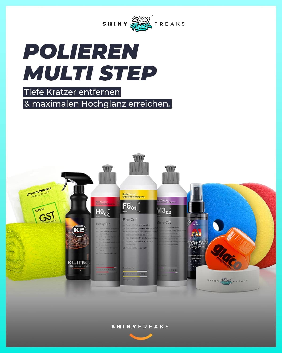 Poliermaschinen Set: ADBL D09125 Exzenter Poliermaschine + Koch Chemie Politur Set + Royal Pads Premium Polierpads + Dr. Wack Versiegelung für Lack- & Scheiben + Zubehör | 12-teilig