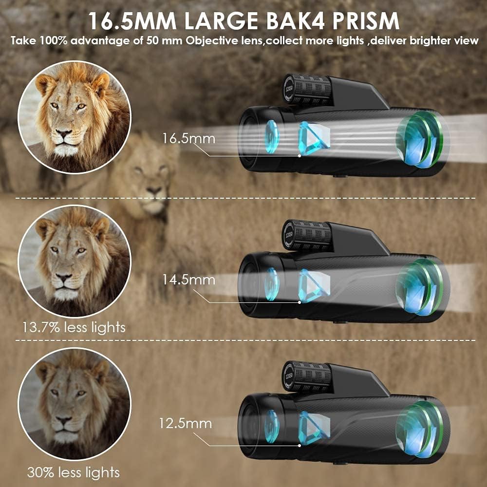 ikiu 12x50 HD Monocular Telescope with Luminous Compass+ Smartphone Holder & Tripod, Adults Monocular Scope Waterproof BAK4 Prism for Bird Watching, Hunting, Travelling, Concert : Electronics