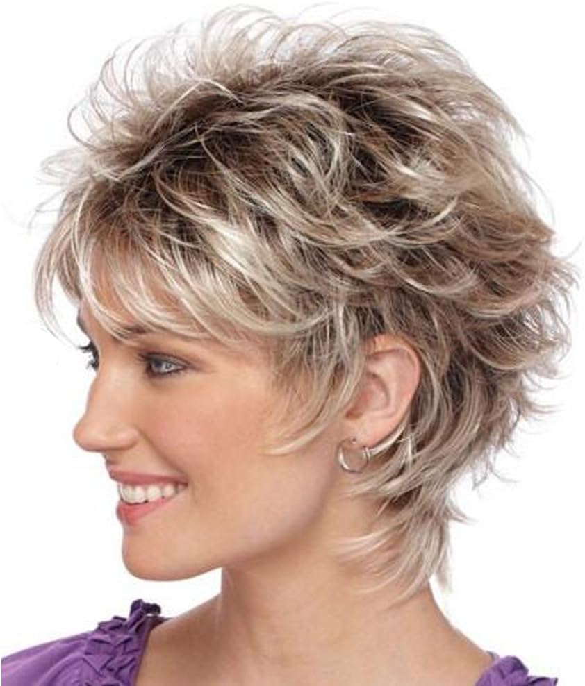 QianBaiHui Short Wavy Wigs for White Women - Blonde Mixed Brown Bob Wigs Heat Resistant Synthetic Hair Wigs with Wig Cap LDS016