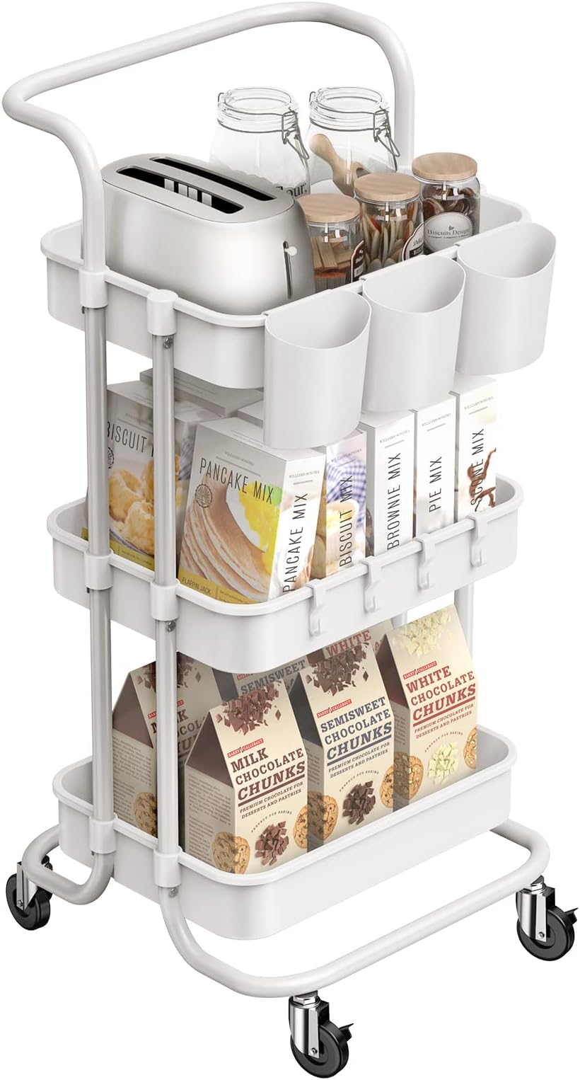 ALVOROG 3-Tier Plastic Rolling Utility Cart,Multi-Functional Storage Trolley for Office
