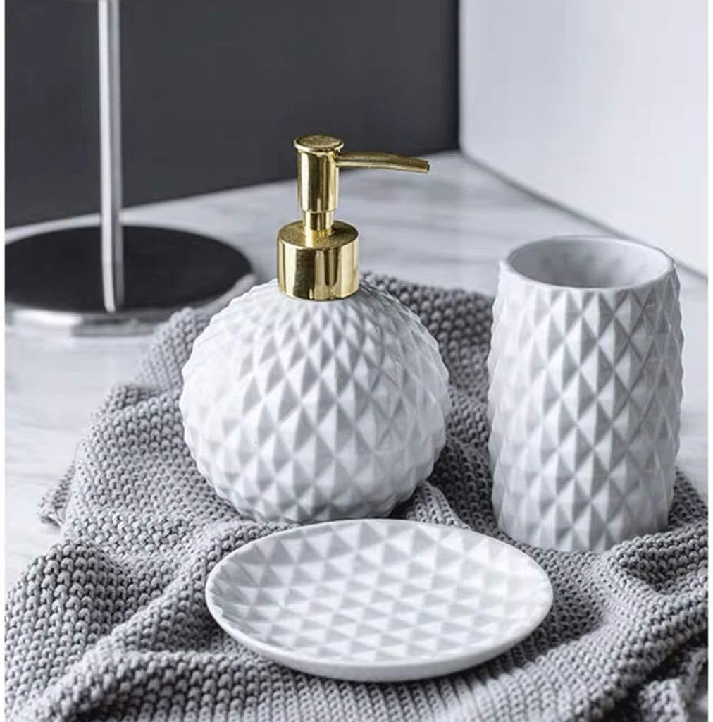 White Ceramic Soap dispensers,Bathroom Accessories Set 3/4/5-Piece Geometric Bathroom Set Includes Lotion Dispenser Pump,Tumbler,Soap dispensers