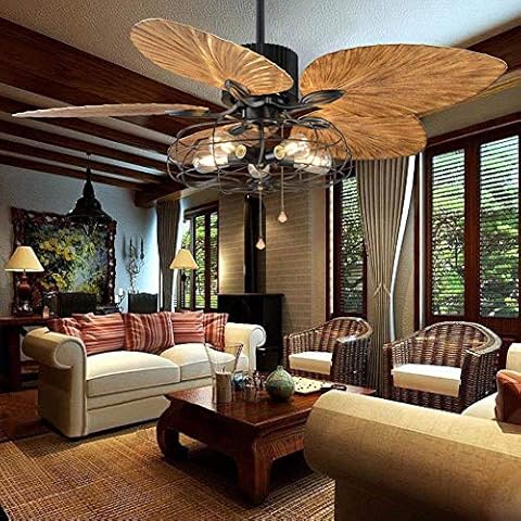 ANFERSONLIGHT 52-Inch Tropical Fan Light Industrial Cage Ceiling Fan with Light 5 Lights Remote Control Indoor Chandelier Fan Light 5 Palm Blades Vintage Quiet Fan Light, Black Finish Cover