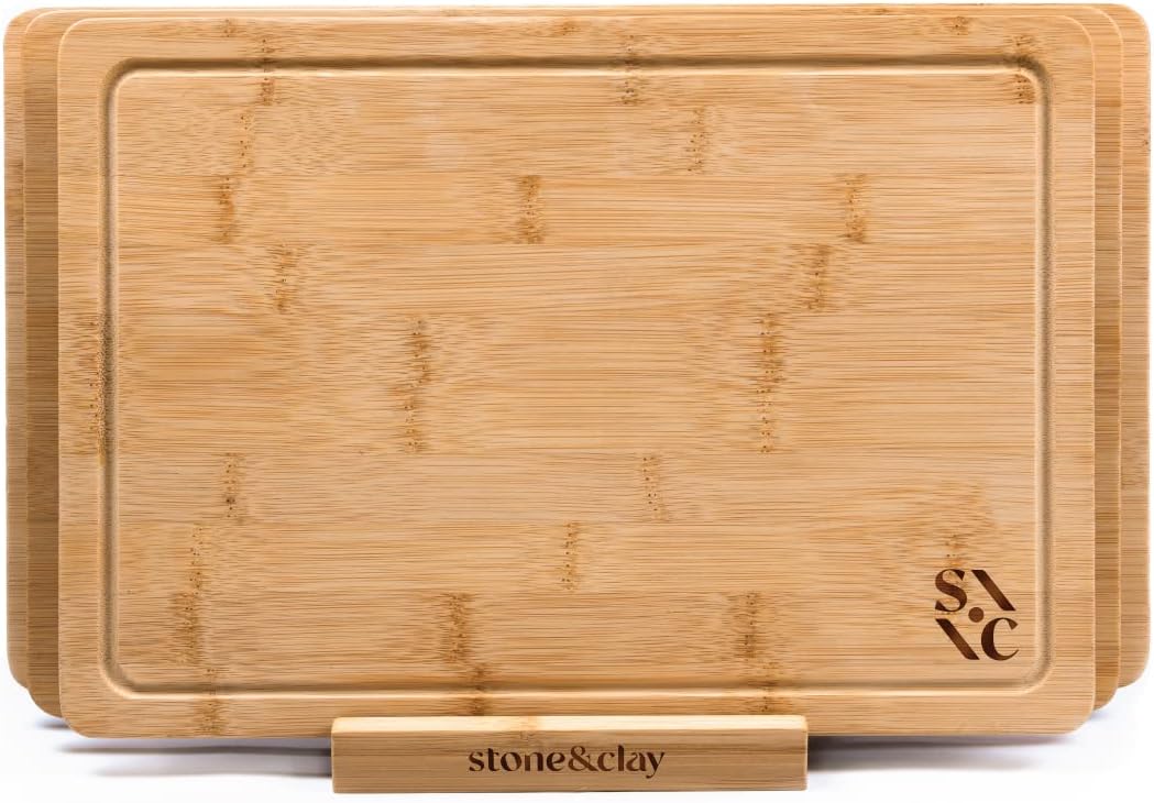Stone & Clay Bamboo Wood Cutting Boards - Set of 3 (Small, Medium, and Large) Chopping Boards with Stand - Perfect for Cheese, Vegetables, Fruit, and Meats - Includes Juice Groove for Easy Cleanup