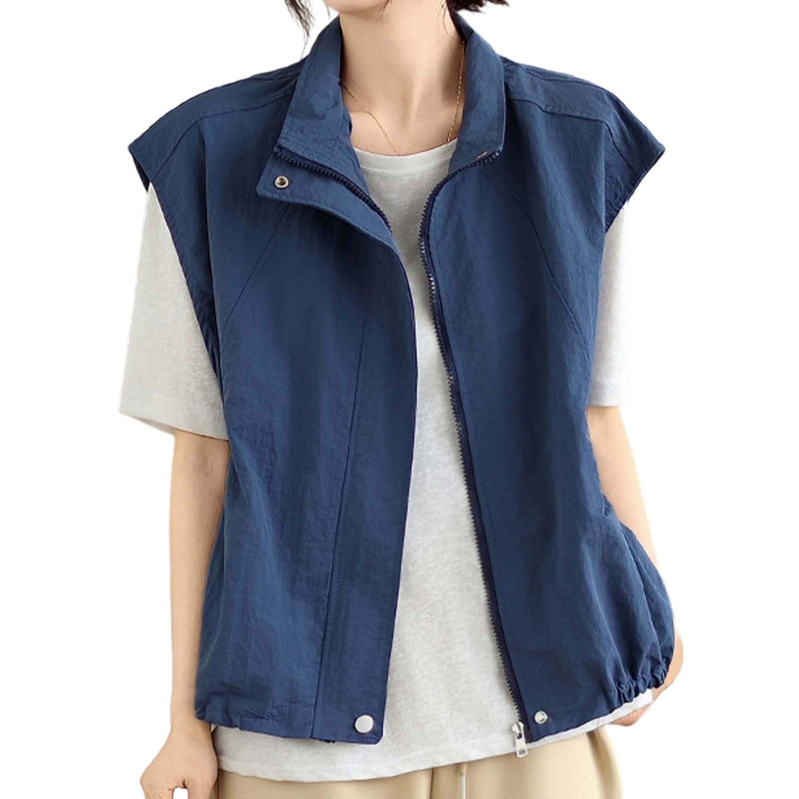 Generisch Leichte Damenweste mit Stehkragen, ärmellose Jacke mit Reißverschluss und Kordelzug, lässiger Windbreaker für Frühling und Sommer