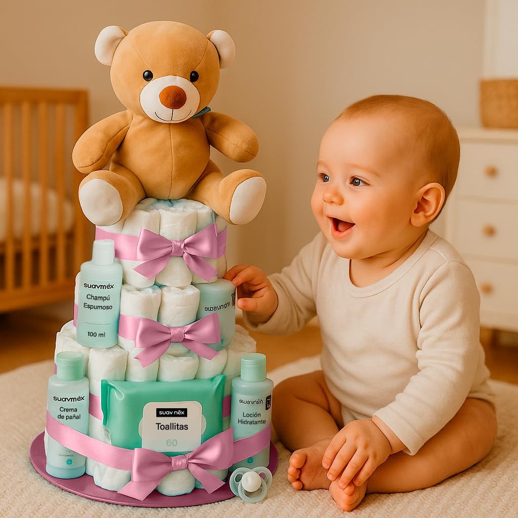 Torta Di Pannolini Neonato Personalizzabile Regalo Baby Shower Battesimo Con Accessori Utili Per Bambino o Bambina 0-3 Mesi Con Giochi Pannolini e Set Prodotti Cura Del Neonato Regalo Nascita