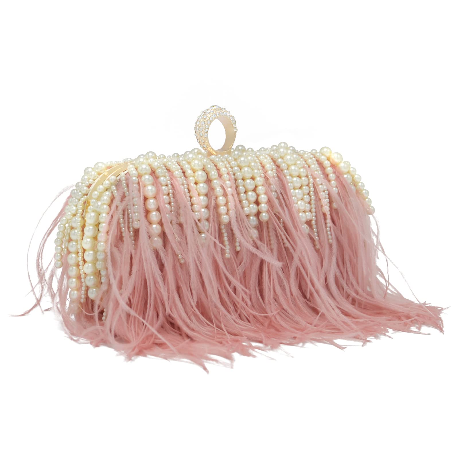 Miuco Ostrich Feather Pearl Clutch Purses For Women Wedding Party Evening Dress Bag Shoulder Bag Pink
