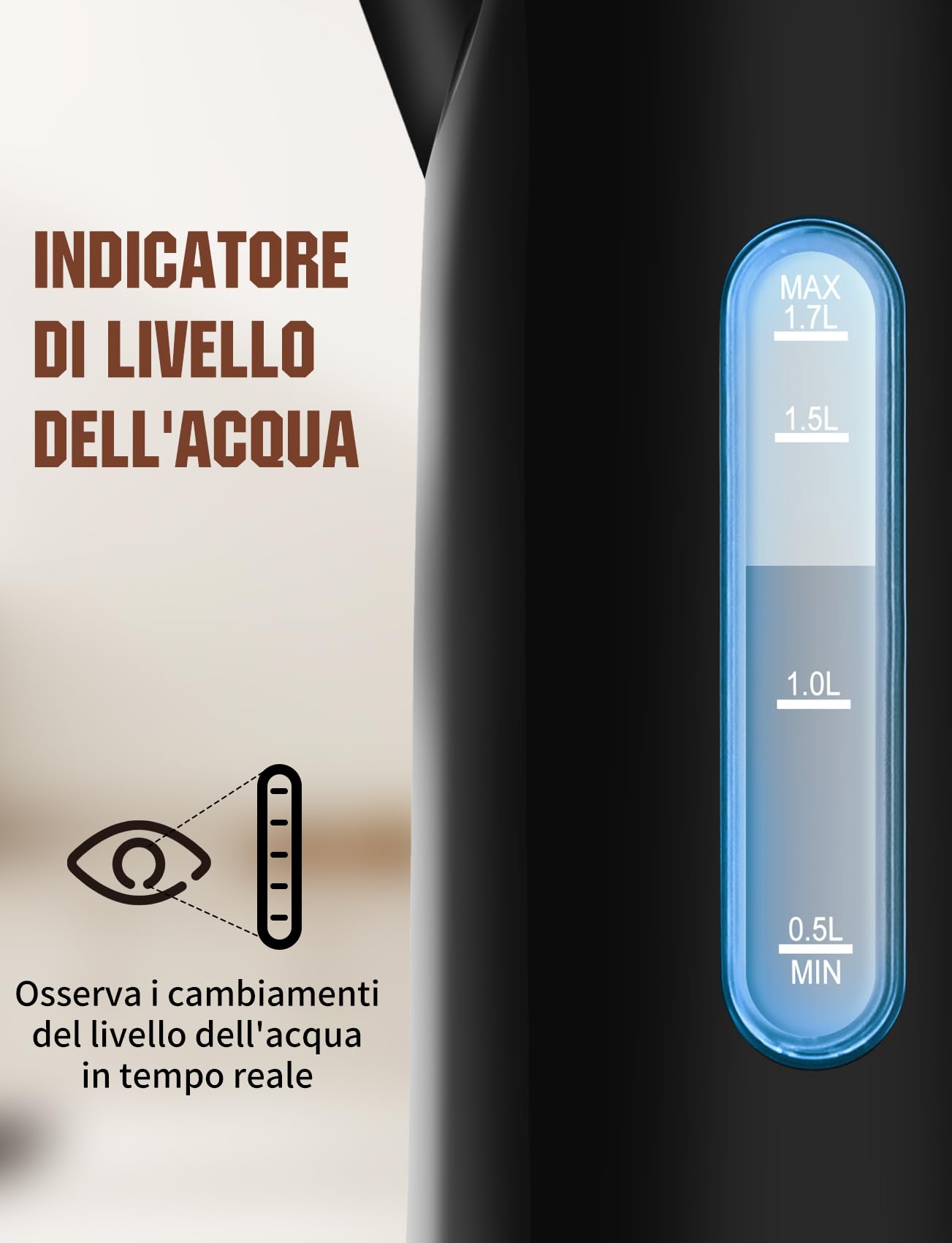 Aigostar Bollitore Elettrico Acciaio Inox Nero 1,7 Litri - Bollitura Rapida Electric Kettle 2200W, Doppio Isolamento, Senza Plastica All'interno, Senza BPA, Visualizzazione del Livello Dell'acqua