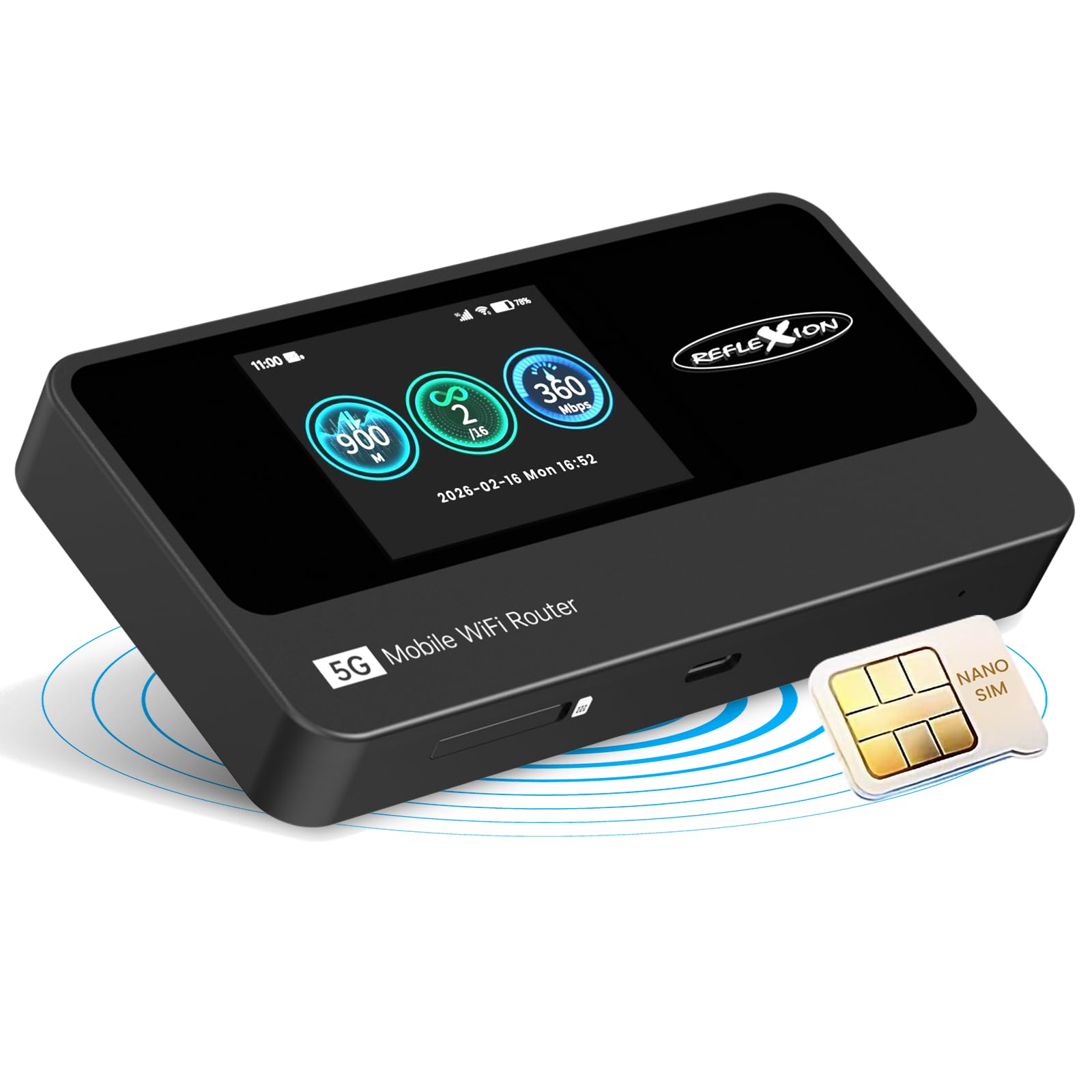 Reflexion 5GCONNECT - Mobiler 5G WLAN Router mit Akku 4200mAh, WiFi 6 Hotspot mit Nano-SIM Slot, 2,4 Zoll Display, bis 16 Geräte, USB-C, tragbarer Internet Router für Reisen/Homeoffice/Baustelle